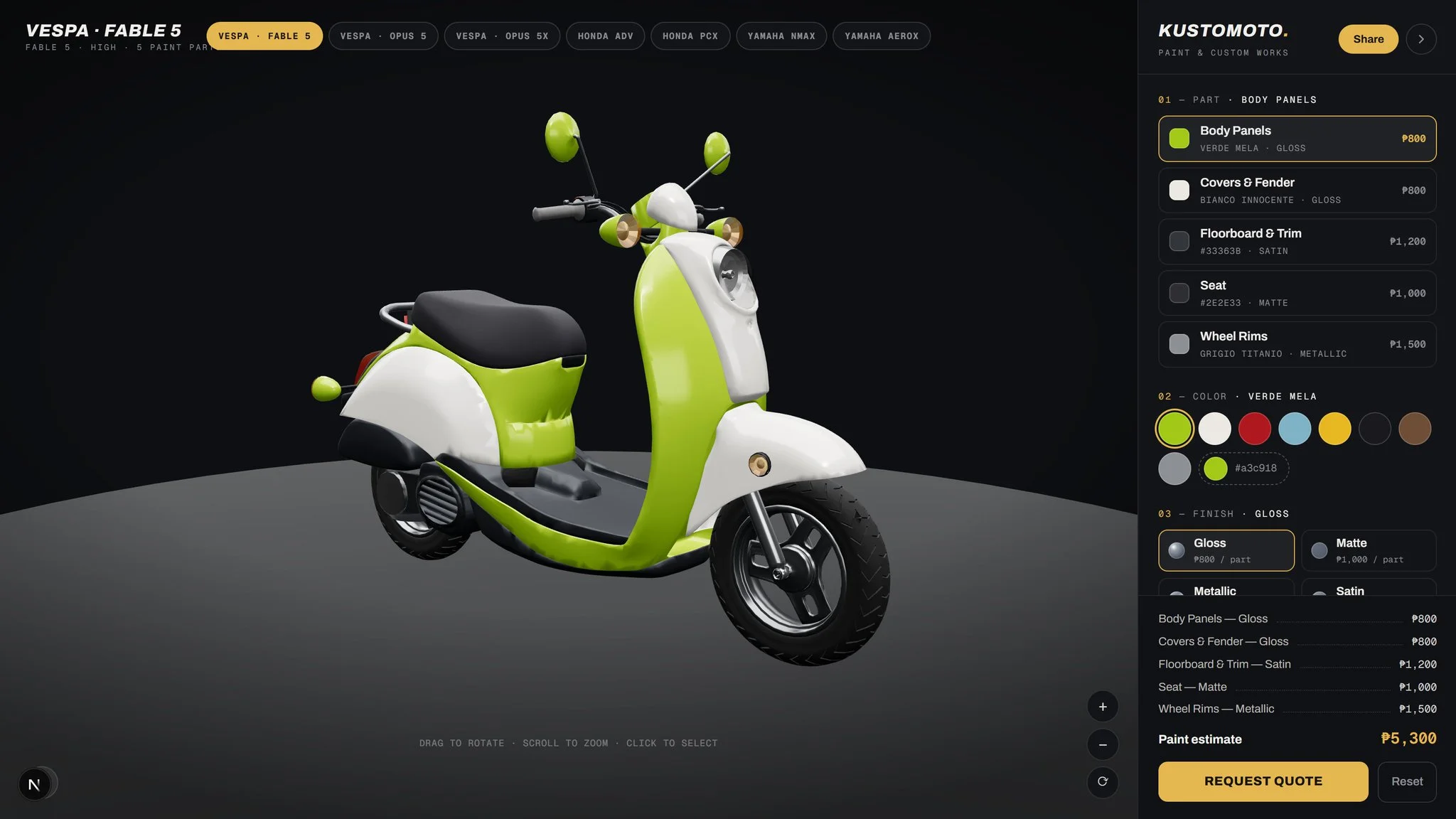 Prompt for adding a Vespa 125 to a 3D configurator
