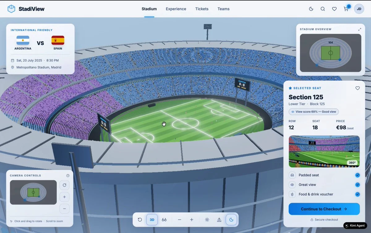 3D soccer stadium build task used to compare Claude Fable 5 and Kimi K3