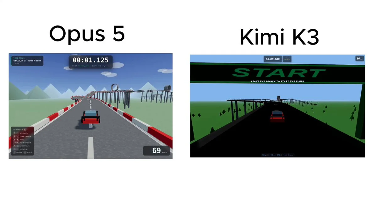 Trackmania-inspired browser 3D game prompt for Kimi K3