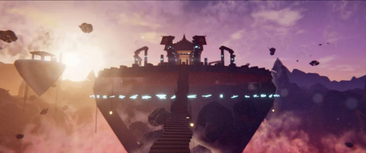 Ancient temple above a glowing canyon