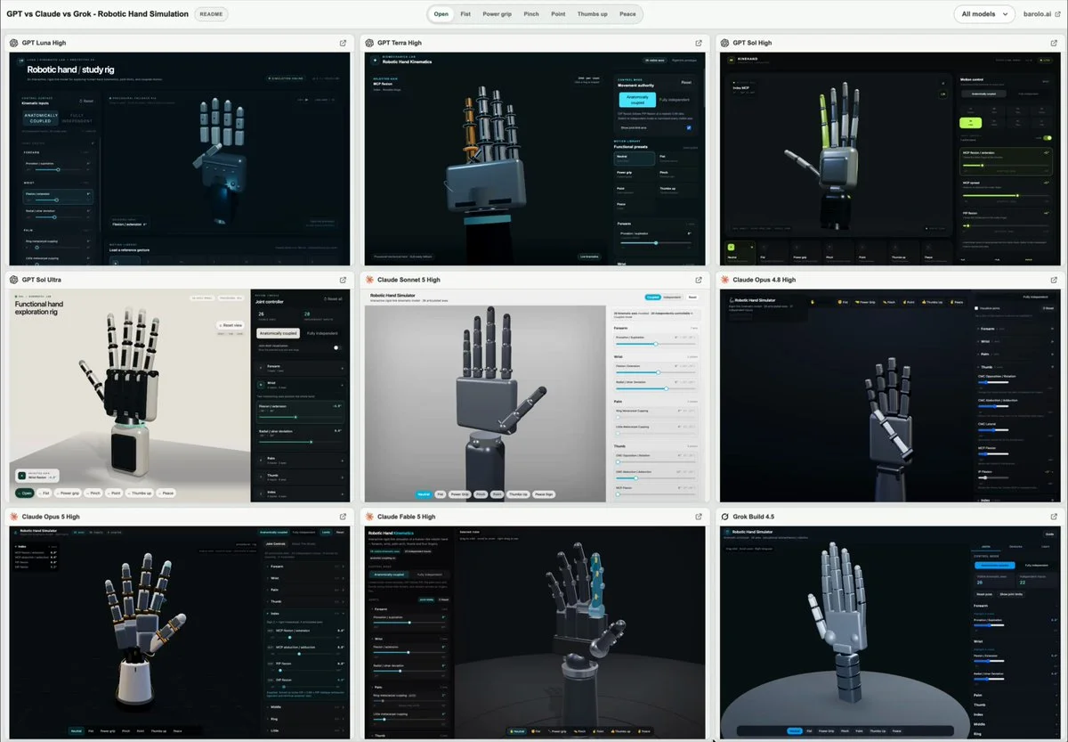 Claude Opus 5 prompt for an interactive 3D robotic hand simulation