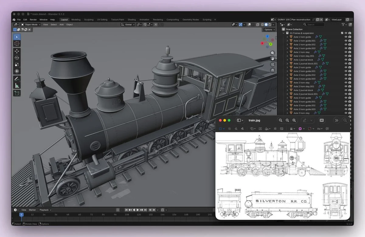 Steam-train drawing to editable Blender assembly