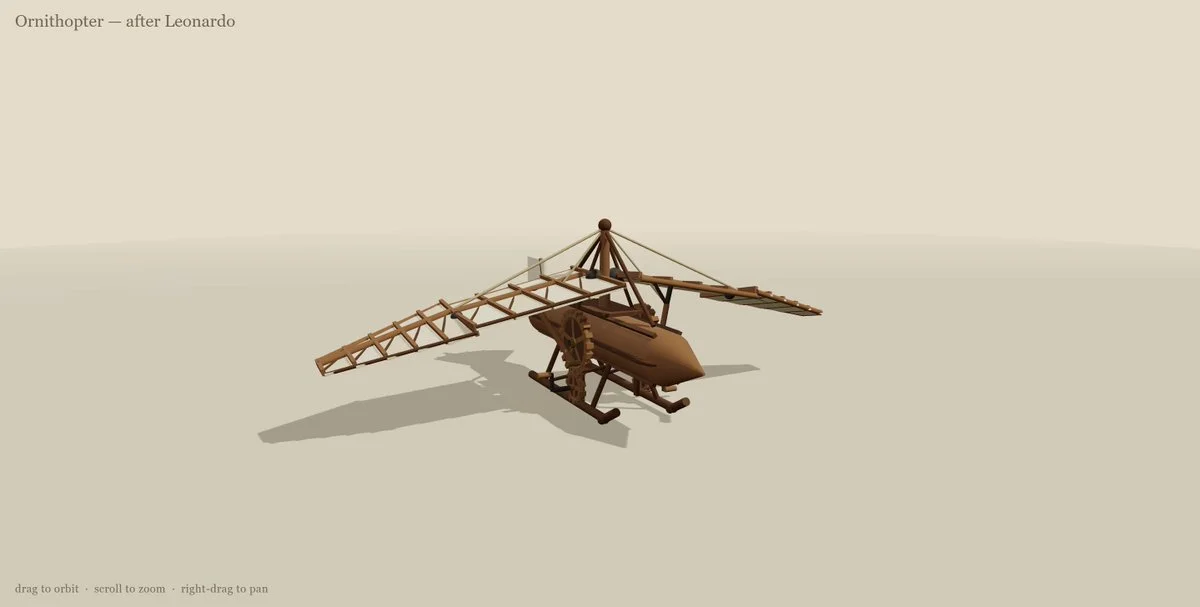 Three.js prompt for a Leonardo da Vinci ornithopter in Claude Opus 5